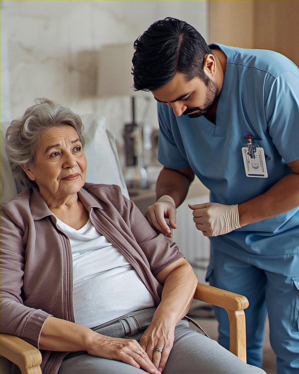 Pflegekraft betreut eine Patientin im Sessel